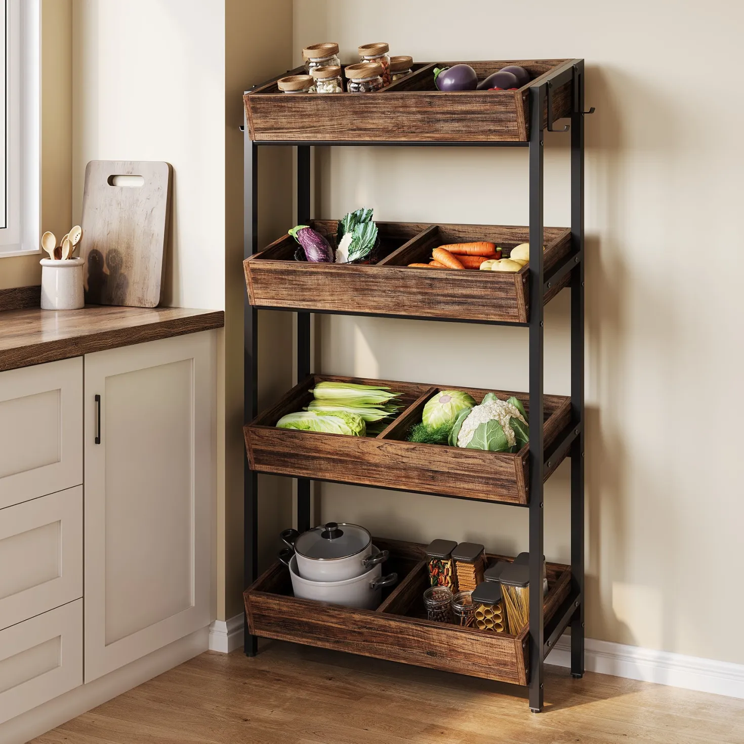 Wood Fruit Vegetable Storage Rack Stand, 4-Tier Storage Organizer