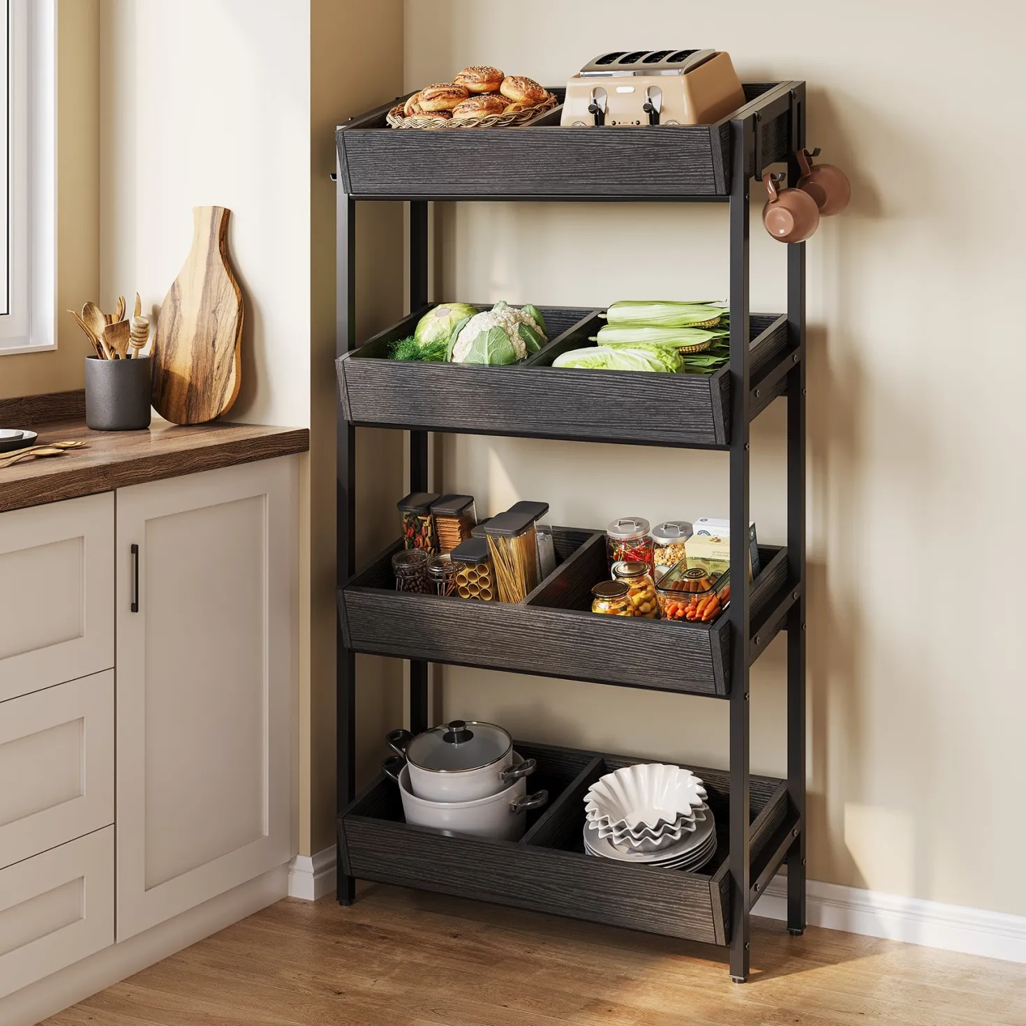 Wood Fruit Vegetable Storage Rack Stand, 4-Tier Storage Organizer