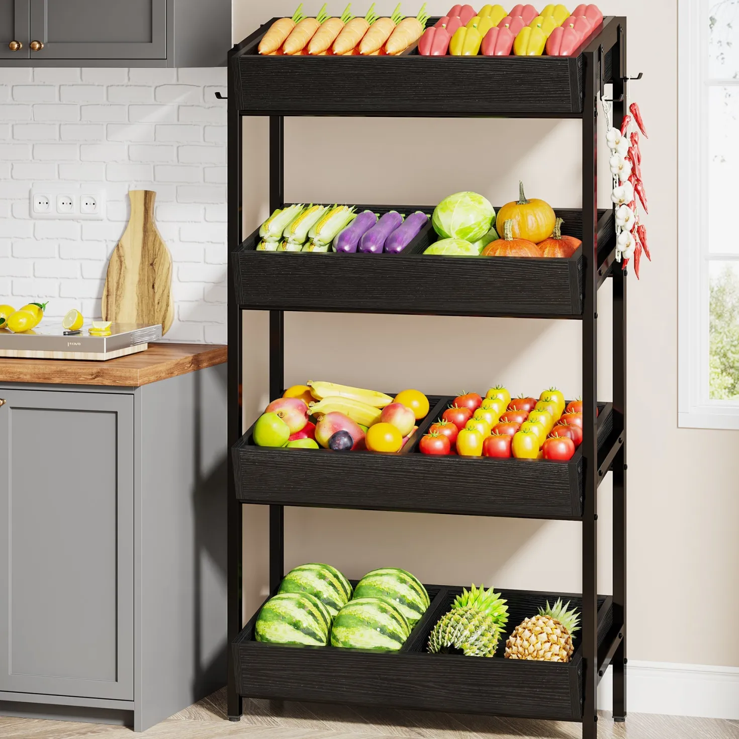 Wood Fruit Vegetable Storage Rack Stand, 4-Tier Storage Organizer