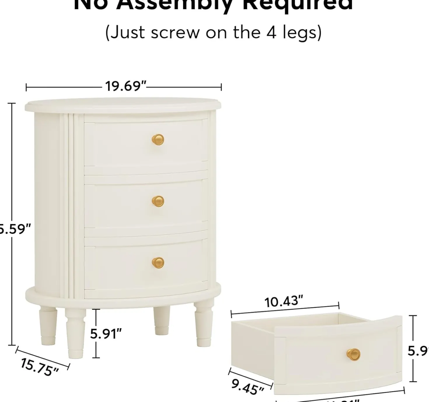 Wood Nightstand Bedside Table with 3 Drawers & Solid Wood Legs