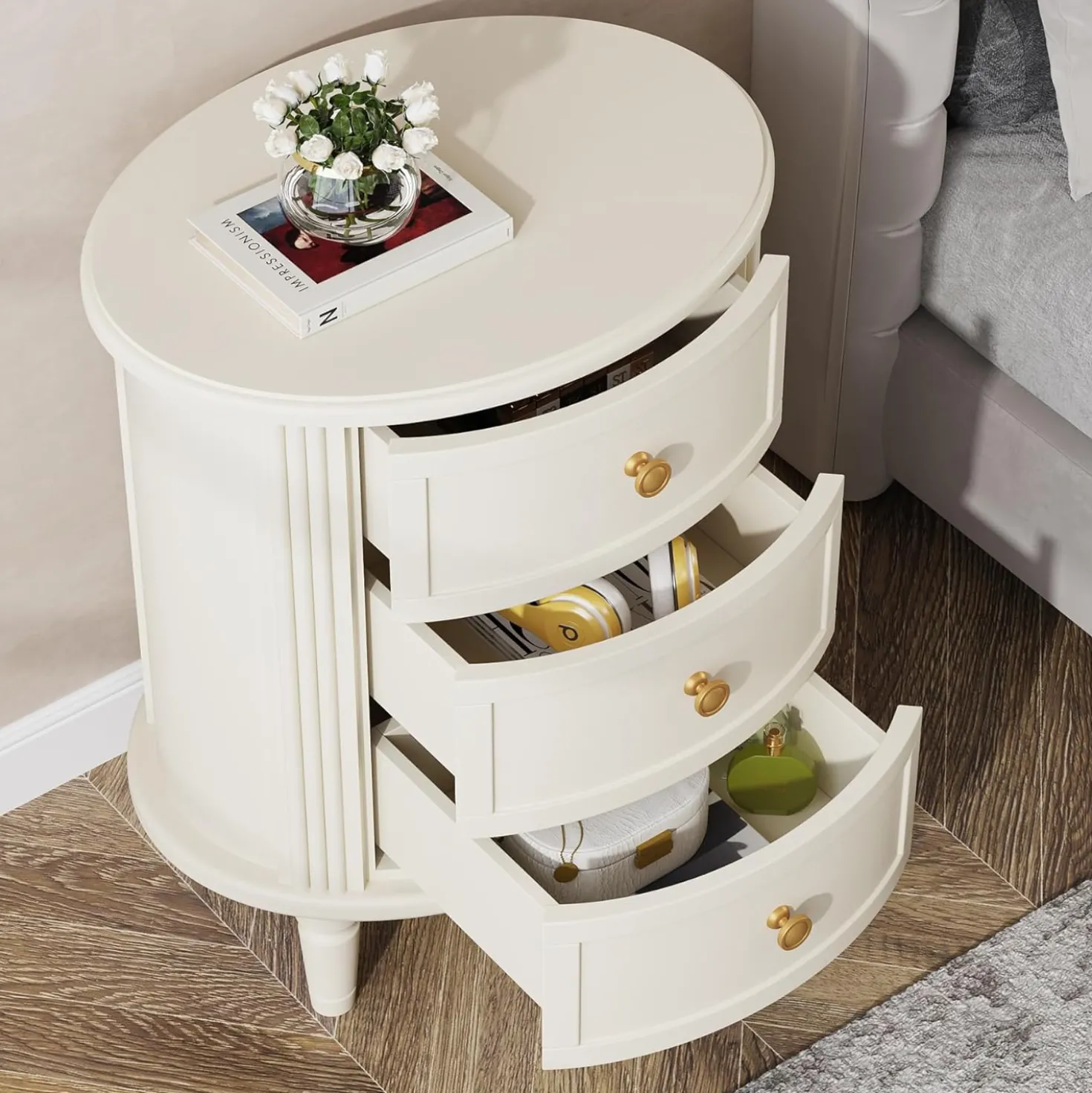 Wood Nightstand Bedside Table with 3 Drawers & Solid Wood Legs