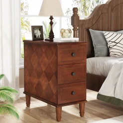 Wood Nightstand, Fully Assembled Narrow Side Table with 3 Drawers