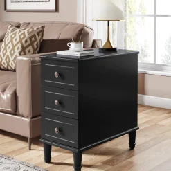 Wood Nightstand, Fully Assembled Narrow Side Table with 3 Drawers