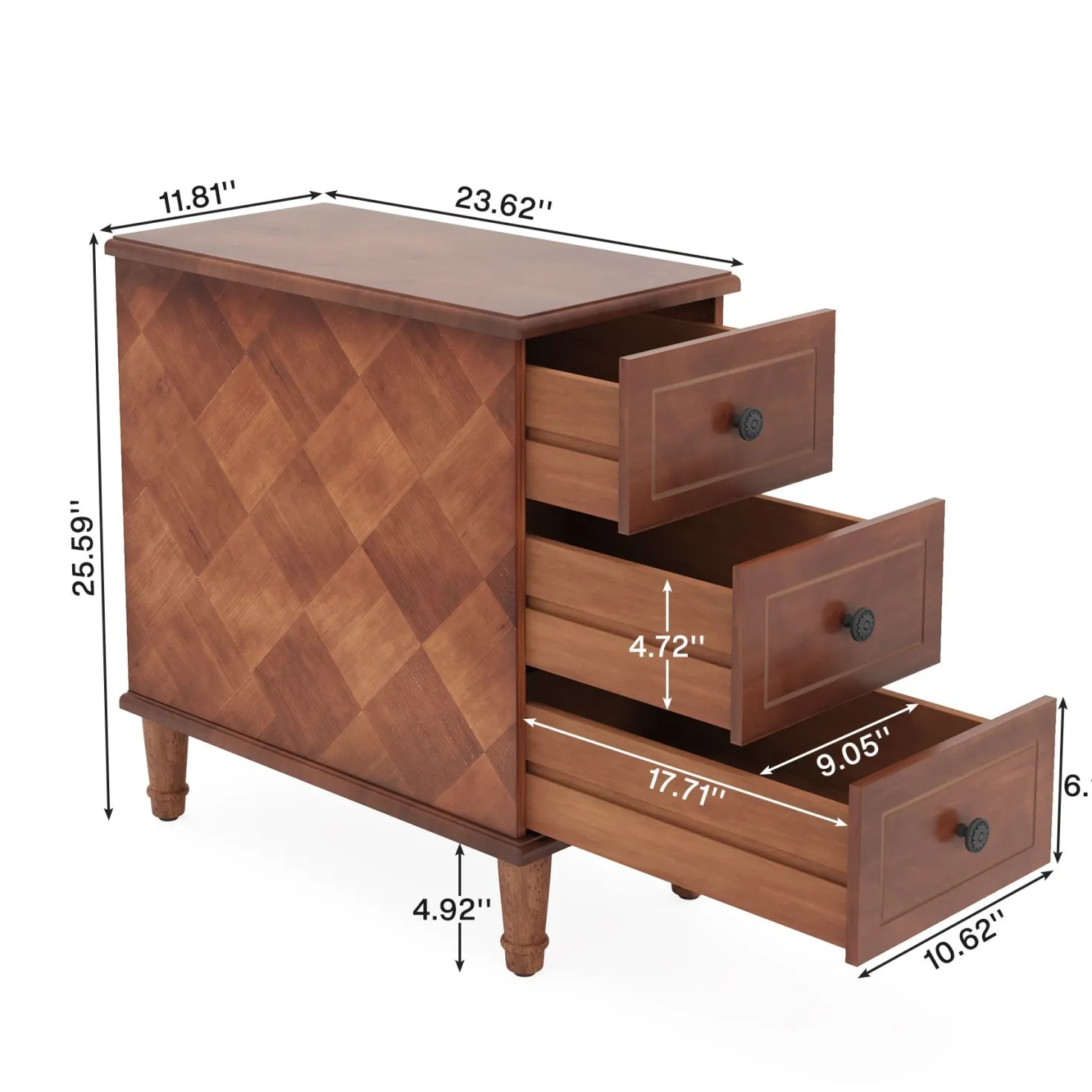 Wood Nightstand, Fully Assembled Narrow Side Table with 3 Drawers