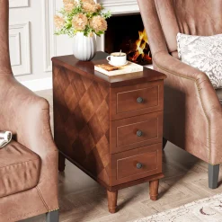 Wood Nightstand, Fully Assembled Narrow Side Table with 3 Drawers
