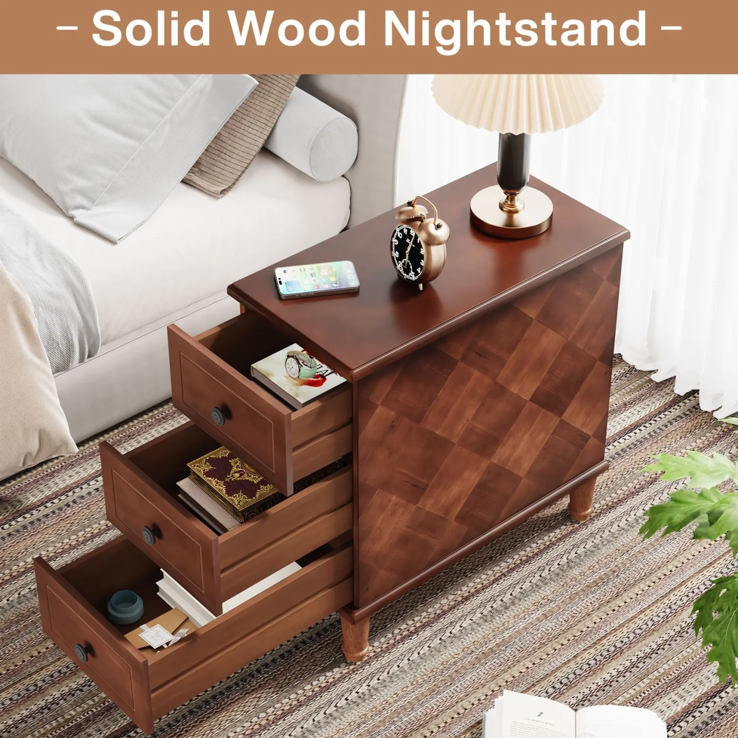 Wood Nightstand, Fully Assembled Narrow Side Table with 3 Drawers