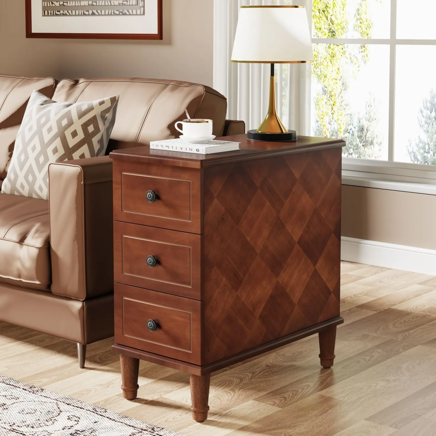 Wood Nightstand, Fully Assembled Narrow Side Table with 3 Drawers