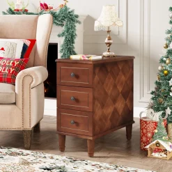 Wood Nightstand, Fully Assembled Narrow Side Table with 3 Drawers