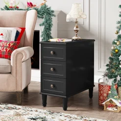 Wood Nightstand, Fully Assembled Narrow Side Table with 3 Drawers