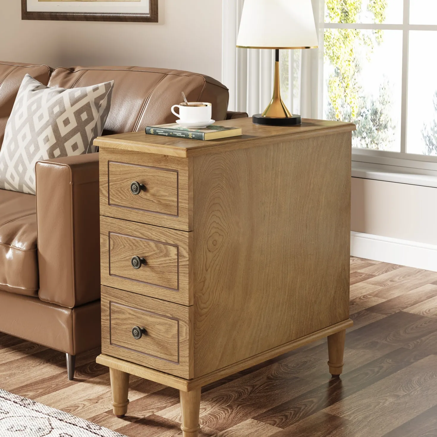 Wood Nightstand, Fully Assembled Narrow Side Table with 3 Drawers