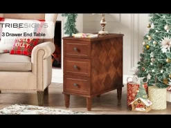 Wood Nightstand, Fully Assembled Narrow Side Table with 3 Drawers