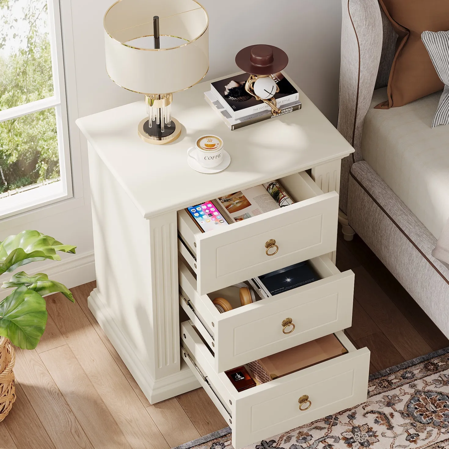 Wood Nightstand, Modern End Table Bedside Table with 3 storage Drawer