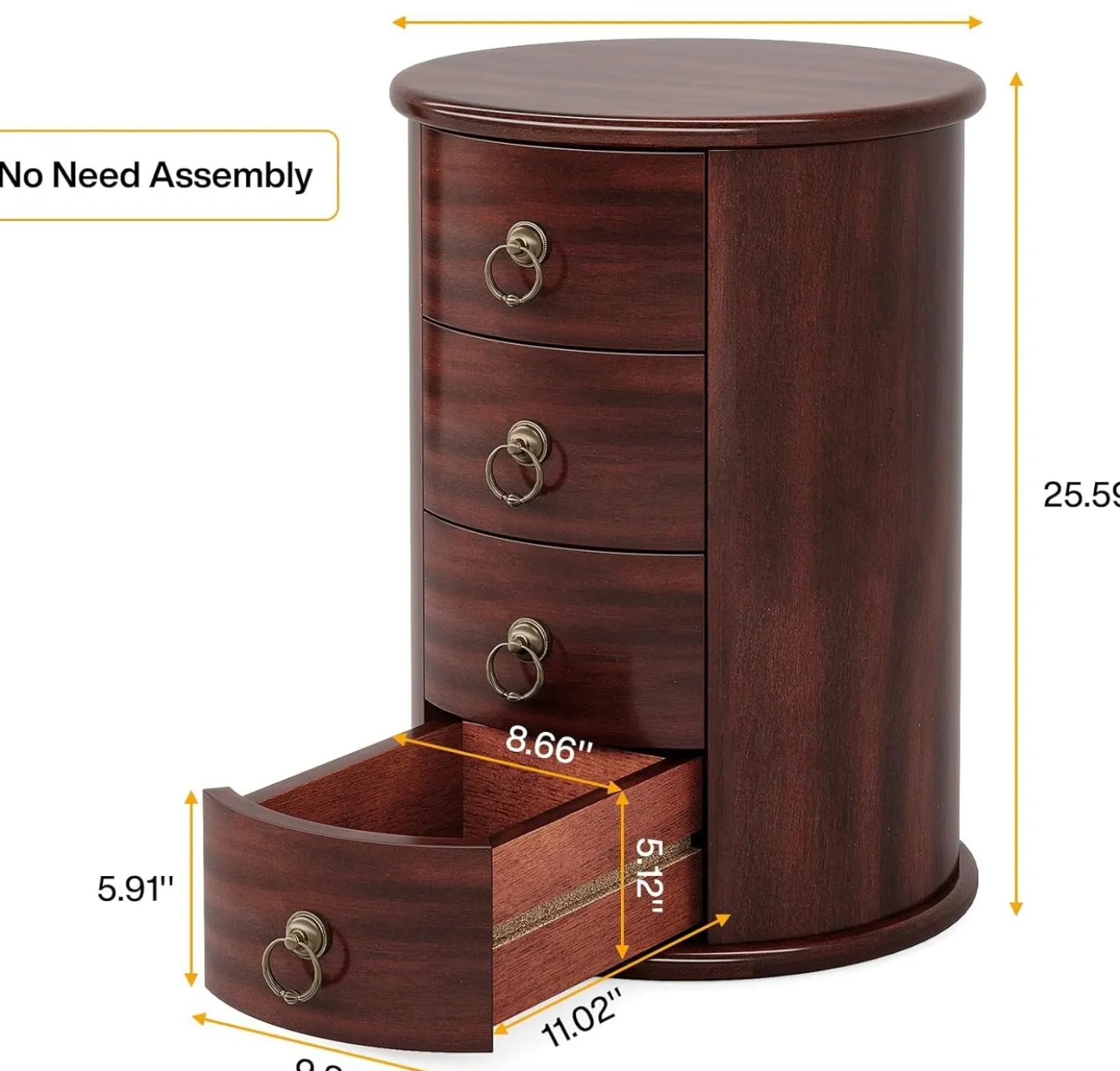 Wood Nightstand, Round Bedside Table with 4 Drawers(No Assembly Required)
