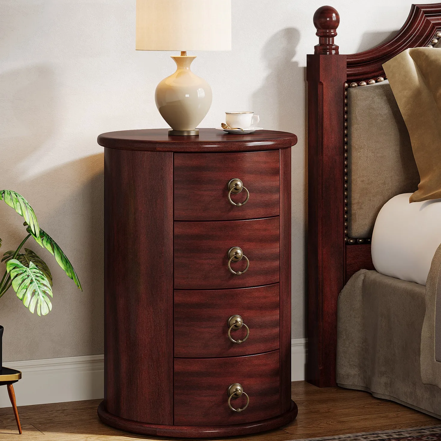 Wood Nightstand, Round Bedside Table with 4 Drawers(No Assembly Required)