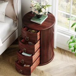 Wood Nightstand, Round Bedside Table with 4 Drawers(No Assembly Required)