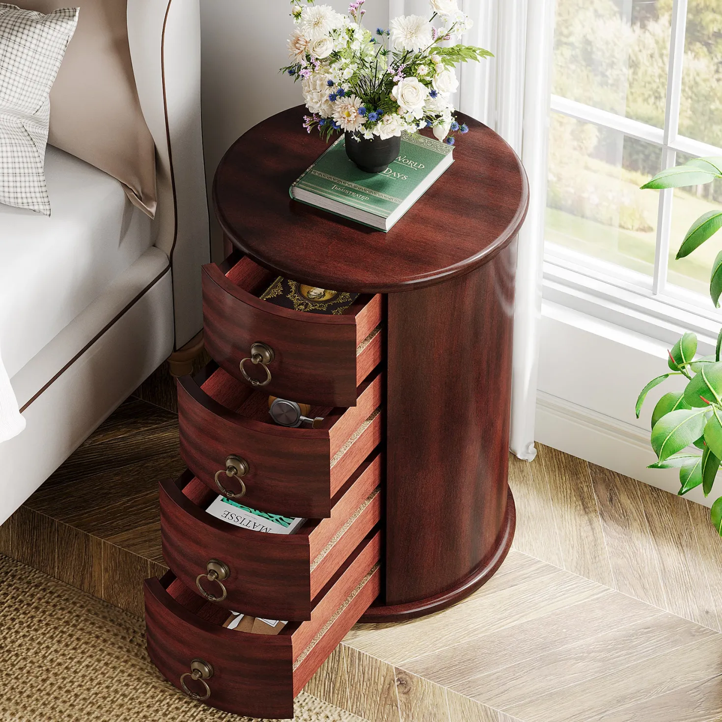 Wood Nightstand, Round Bedside Table with 4 Drawers(No Assembly Required)