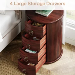 Wood Nightstand, Round Bedside Table with 4 Drawers(No Assembly Required)