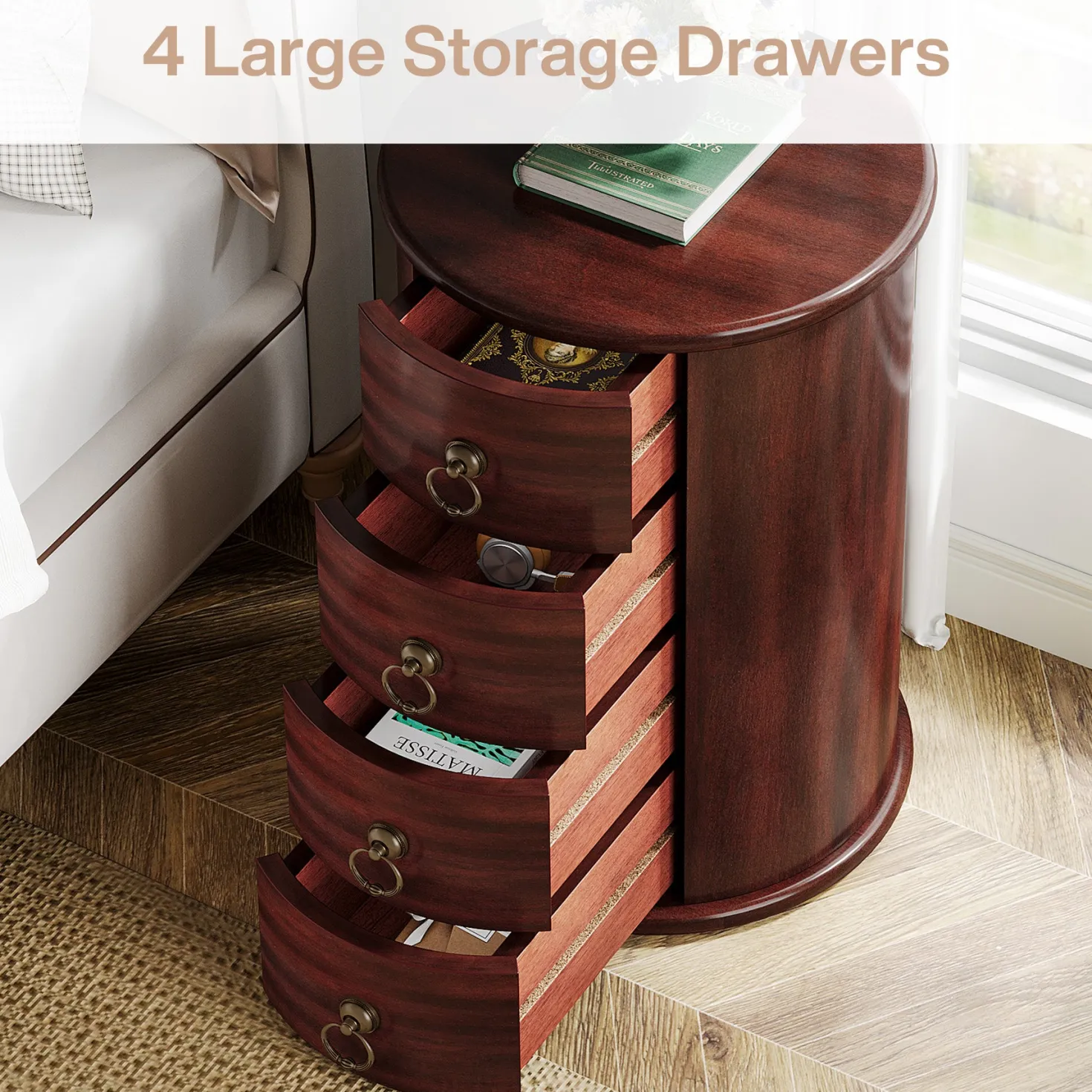 Wood Nightstand, Round Bedside Table with 4 Drawers(No Assembly Required)
