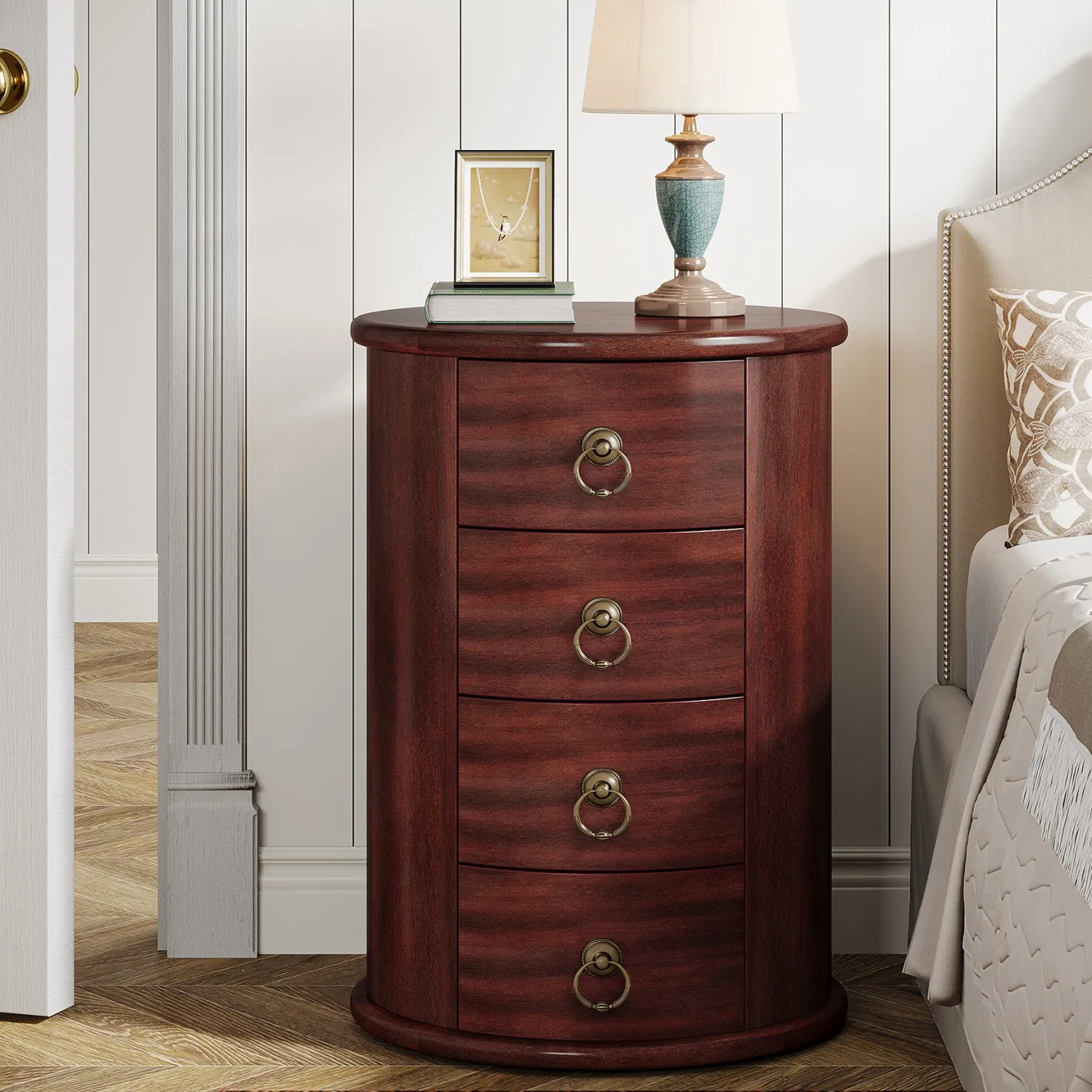 Wood Nightstand, Round Bedside Table with 4 Drawers(No Assembly Required)