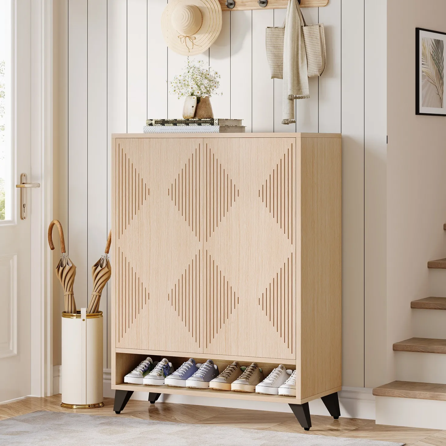 Wood Shoe Cabinet, 6-Tier Shoe Organizer Storage Cabinet with Adjustable Shelves