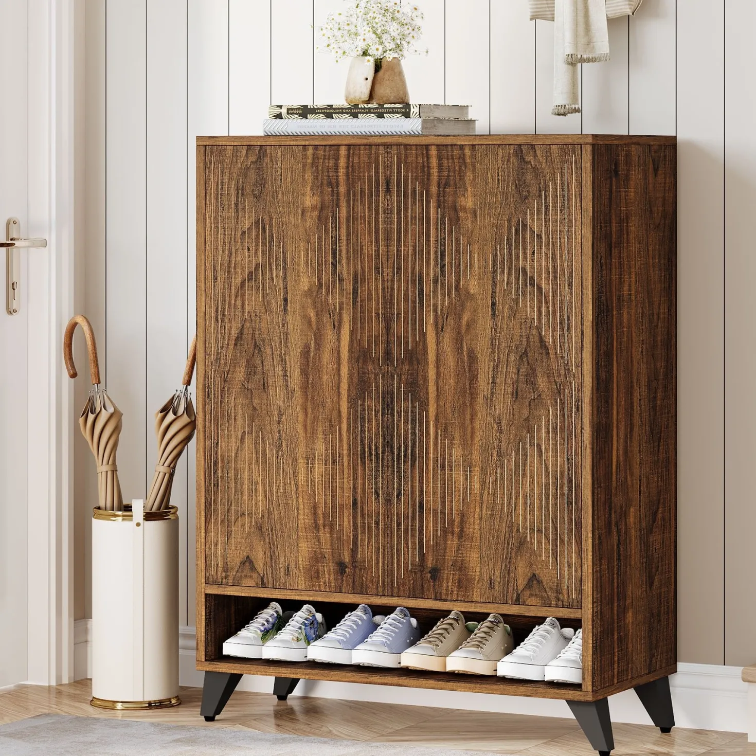 Wood Shoe Cabinet, 6-Tier Shoe Organizer Storage Cabinet with Adjustable Shelves