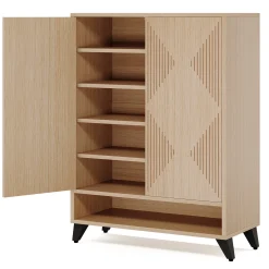 Wood Shoe Cabinet, 6-Tier Shoe Organizer Storage Cabinet with Adjustable Shelves