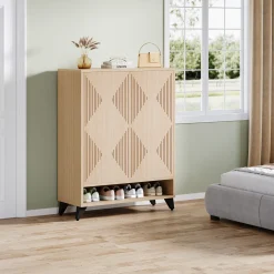 Wood Shoe Cabinet, 6-Tier Shoe Organizer Storage Cabinet with Adjustable Shelves