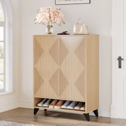 Wood Shoe Cabinet, 6-Tier Shoe Organizer Storage Cabinet with Adjustable Shelves