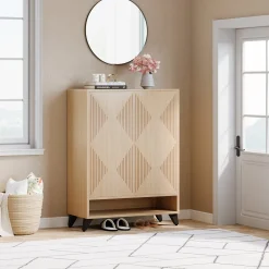 Wood Shoe Cabinet, 6-Tier Shoe Organizer Storage Cabinet with Adjustable Shelves