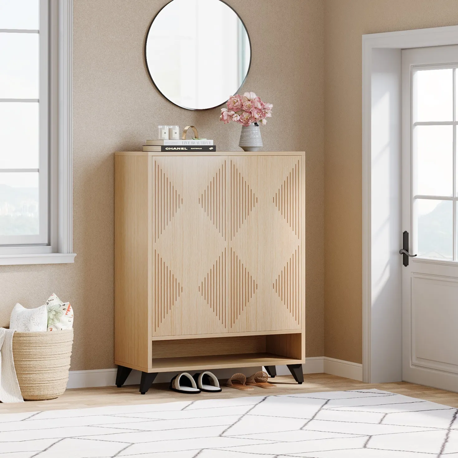 Wood Shoe Cabinet, 6-Tier Shoe Organizer Storage Cabinet with Adjustable Shelves