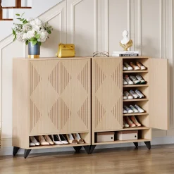 Wood Shoe Cabinet, 6-Tier Shoe Organizer Storage Cabinet with Adjustable Shelves