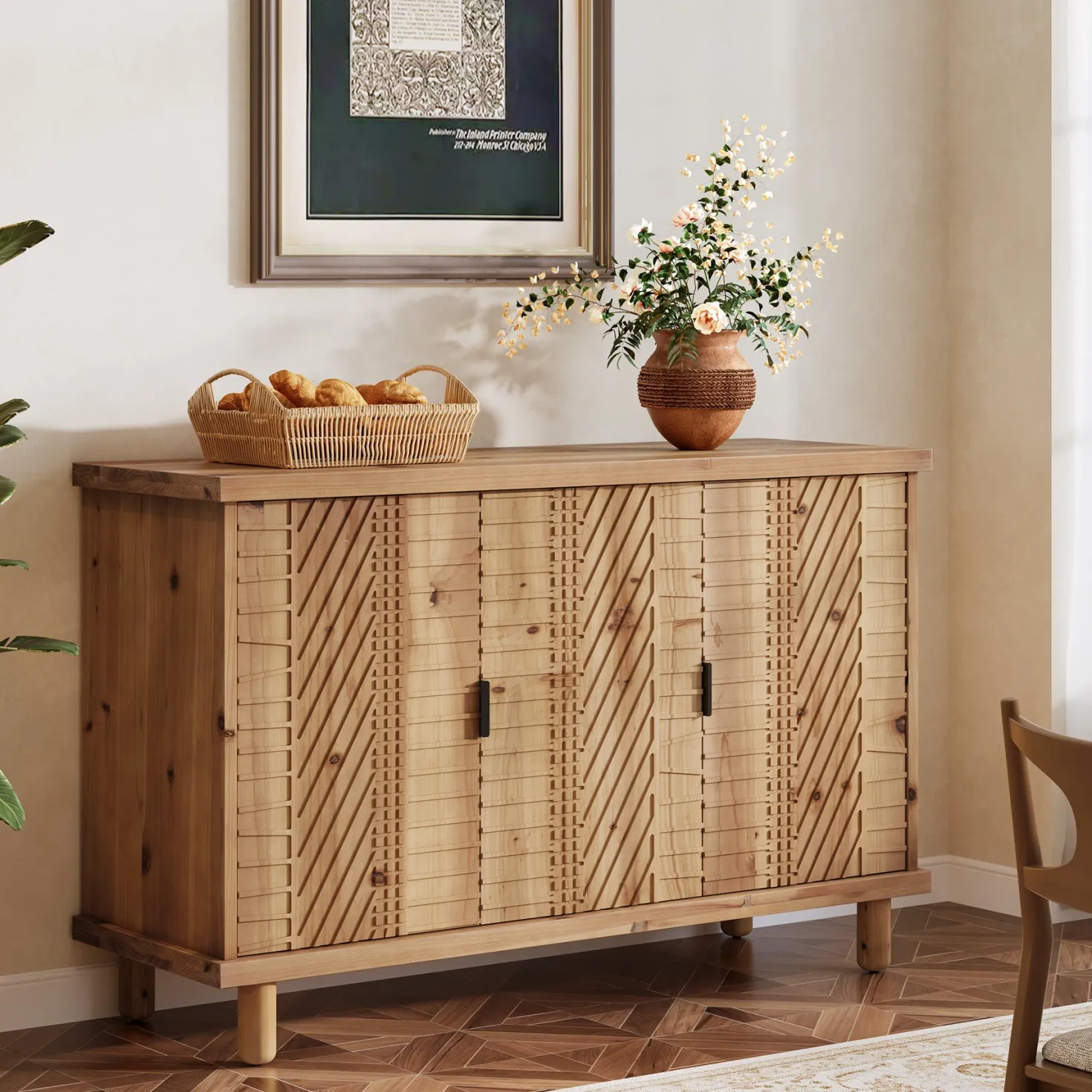 Wood Sideboard Buffet, Modern Kitchen Storage Cabinet with 2 Adjustable Shelves