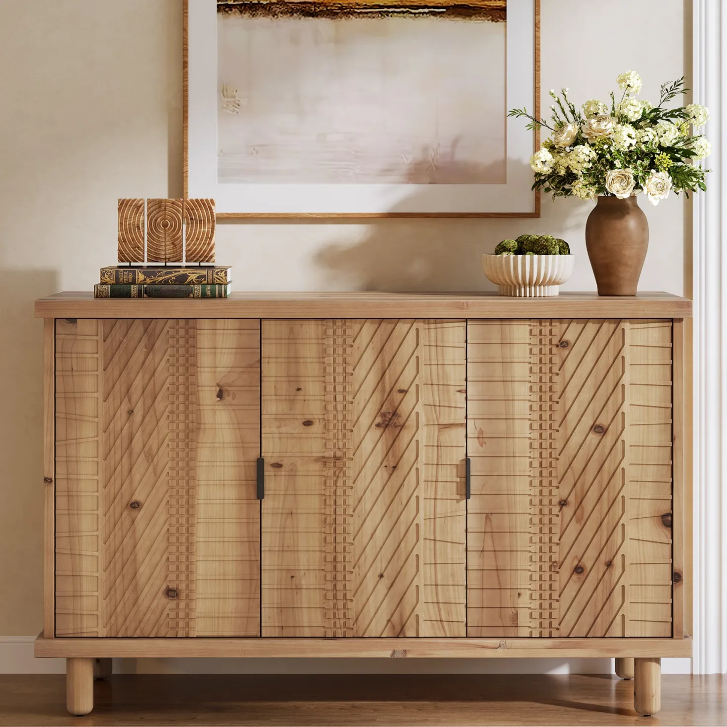Wood Sideboard Buffet, Modern Kitchen Storage Cabinet with 2 Adjustable Shelves
