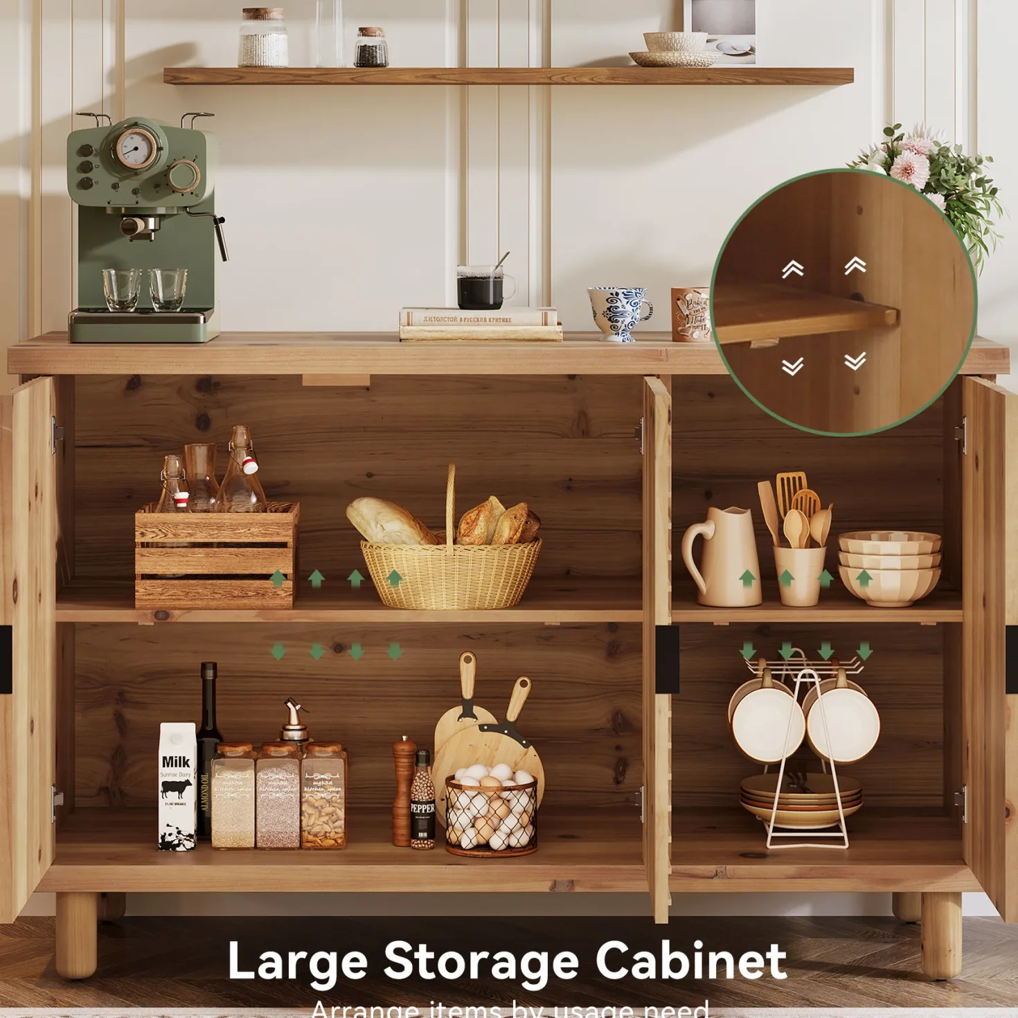 Wood Sideboard Buffet, Modern Kitchen Storage Cabinet with 2 Adjustable Shelves