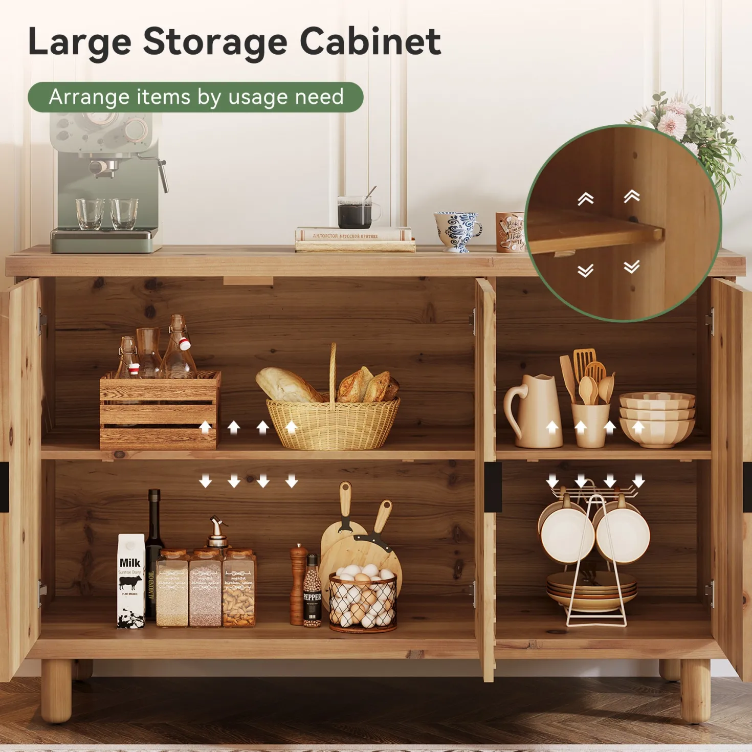 Wood Sideboard Buffet, Modern Kitchen Storage Cabinet with 2 Adjustable Shelves