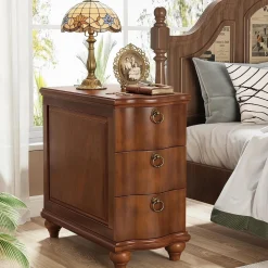 Wood Slim End Table, Fully Assembled Side Table Nightstand with 3-Drawers