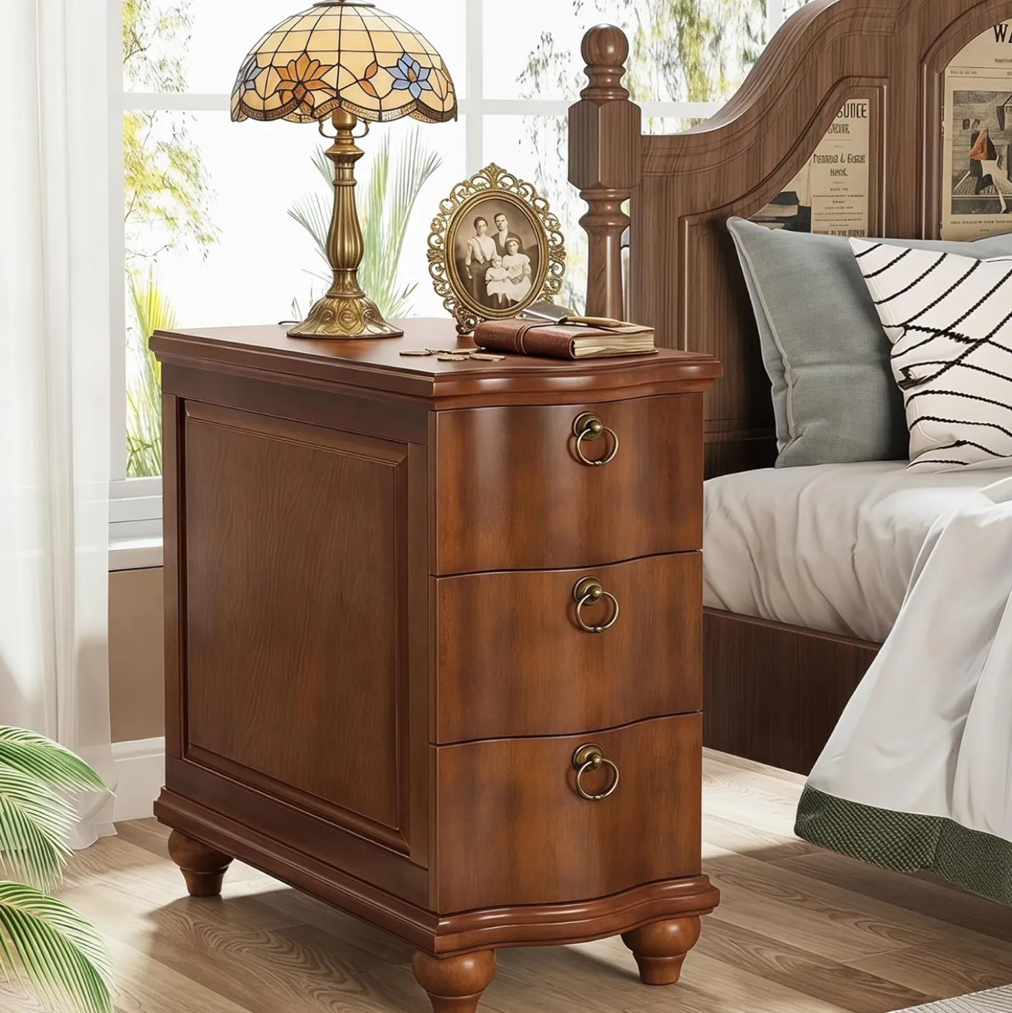 Wood Slim End Table, Fully Assembled Side Table Nightstand with 3-Drawers