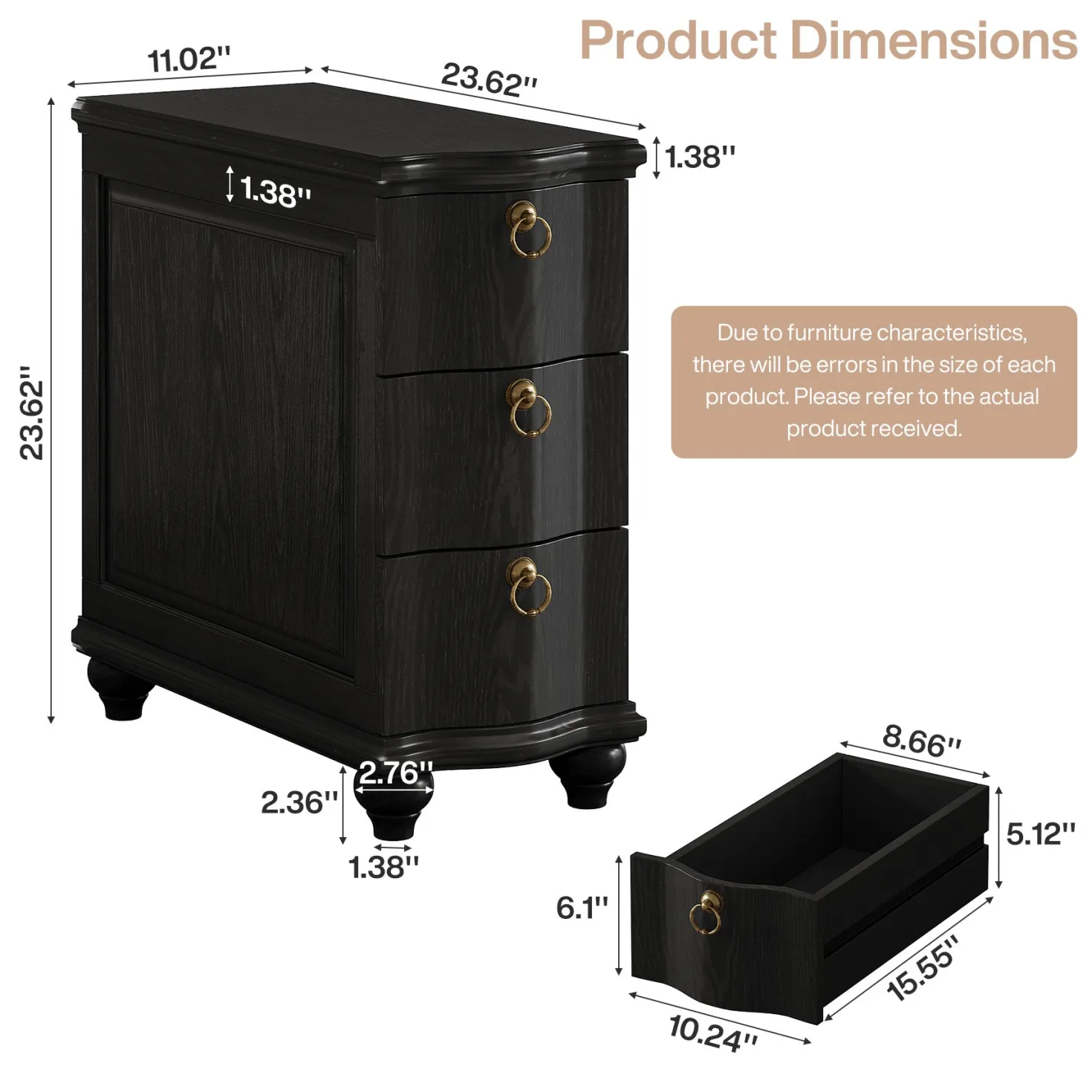 Wood Slim End Table, Fully Assembled Side Table Nightstand with 3-Drawers