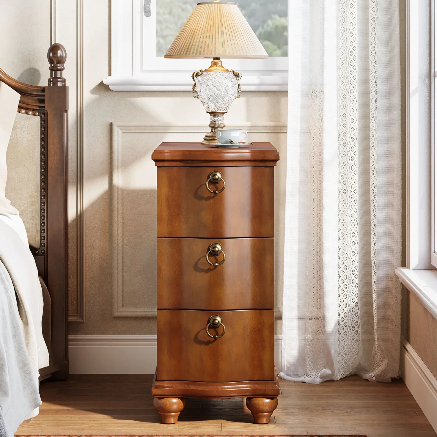 Wood Slim End Table, Fully Assembled Side Table Nightstand with 3-Drawers