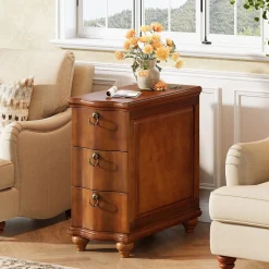 Wood Slim End Table, Fully Assembled Side Table Nightstand with 3-Drawers
