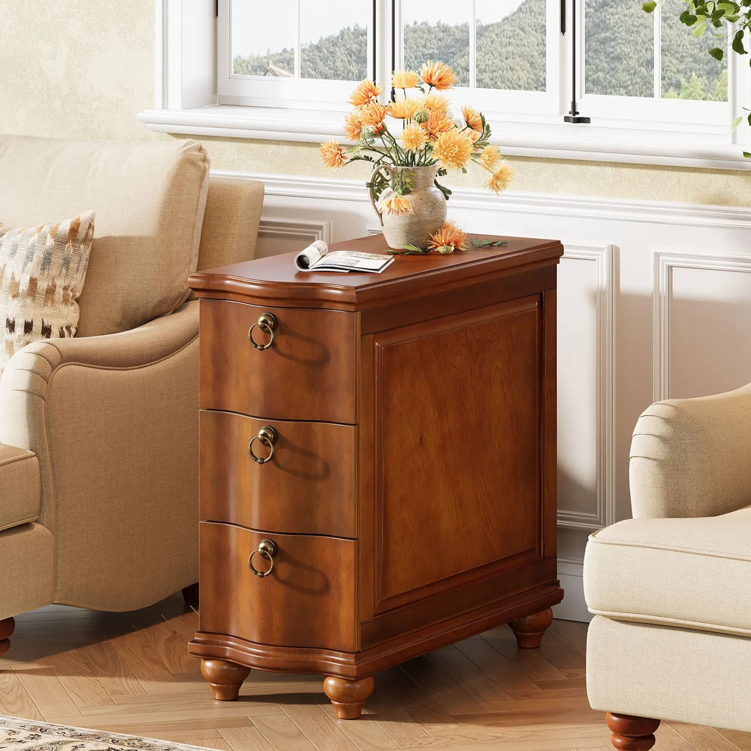 Wood Slim End Table, Fully Assembled Side Table Nightstand with 3-Drawers