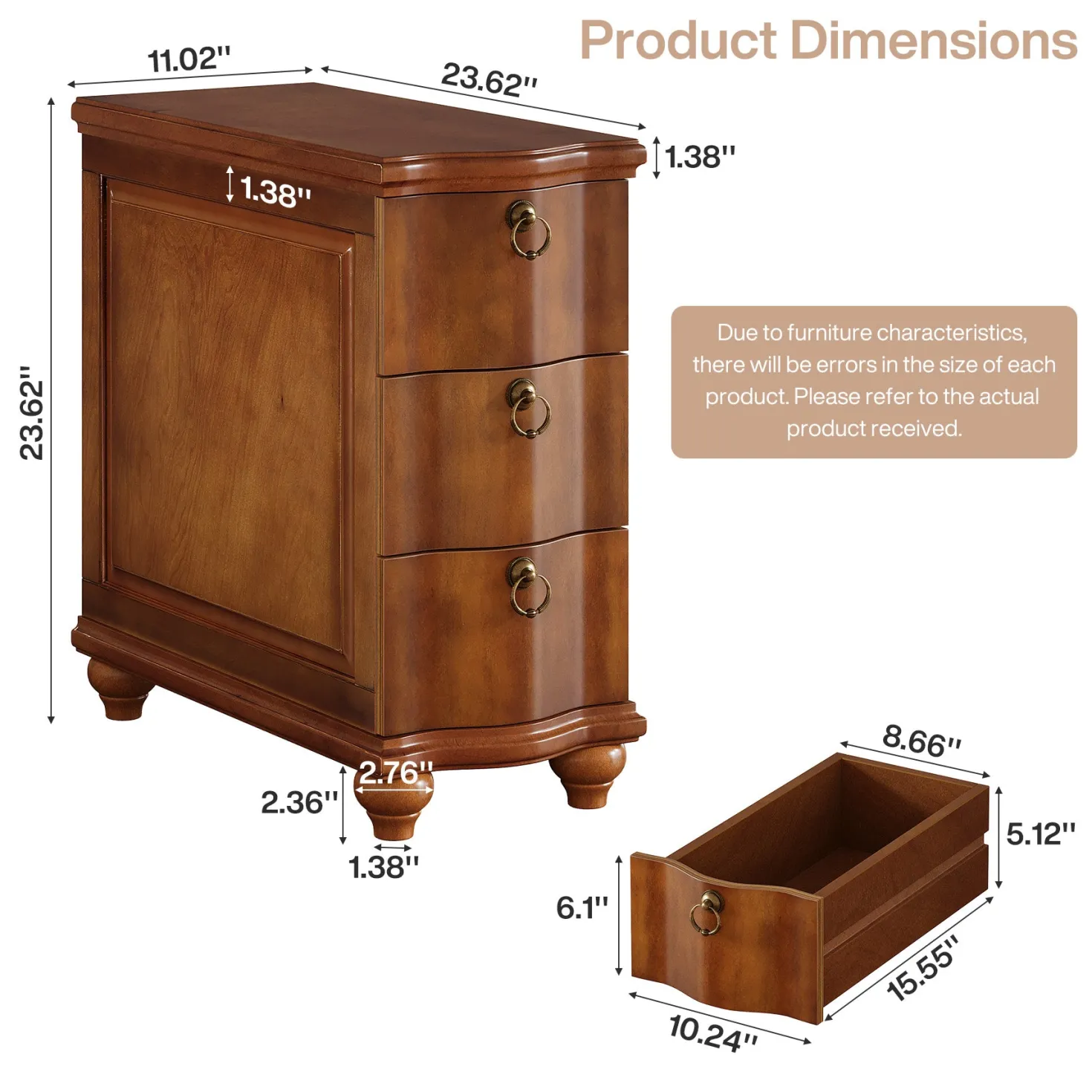Wood Slim End Table, Fully Assembled Side Table Nightstand with 3-Drawers