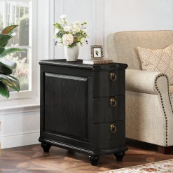 Wood Slim End Table, Fully Assembled Side Table Nightstand with 3-Drawers