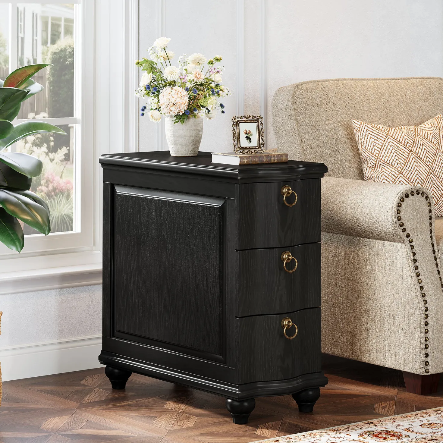 Wood Slim End Table, Fully Assembled Side Table Nightstand with 3-Drawers
