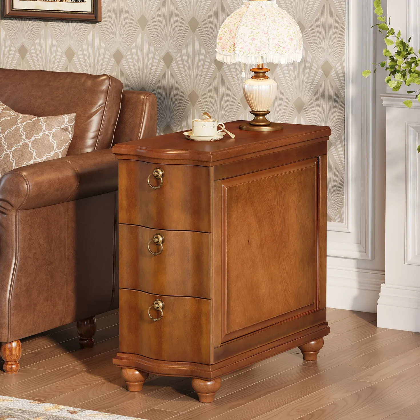 Wood Slim End Table, Fully Assembled Side Table Nightstand with 3-Drawers