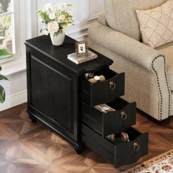 Wood Slim End Table, Fully Assembled Side Table Nightstand with 3-Drawers