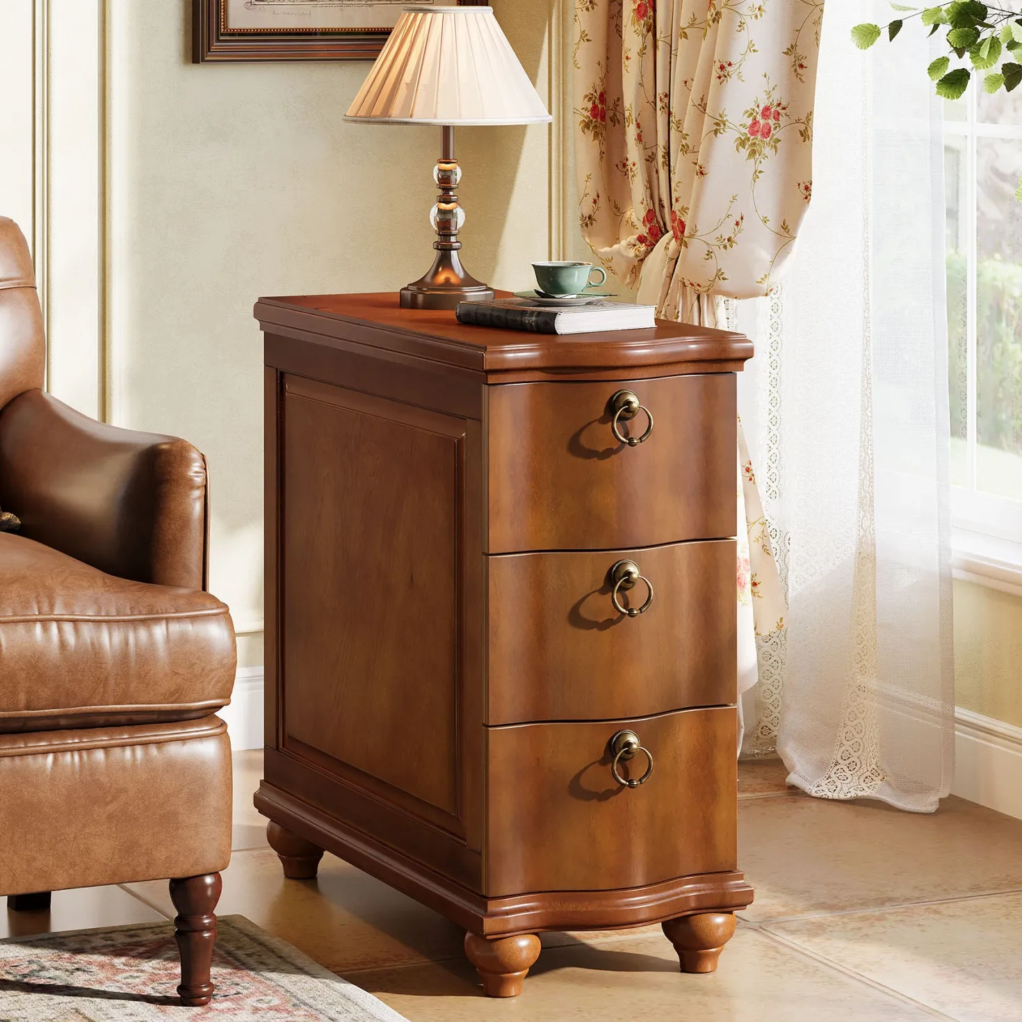 Wood Slim End Table, Fully Assembled Side Table Nightstand with 3-Drawers