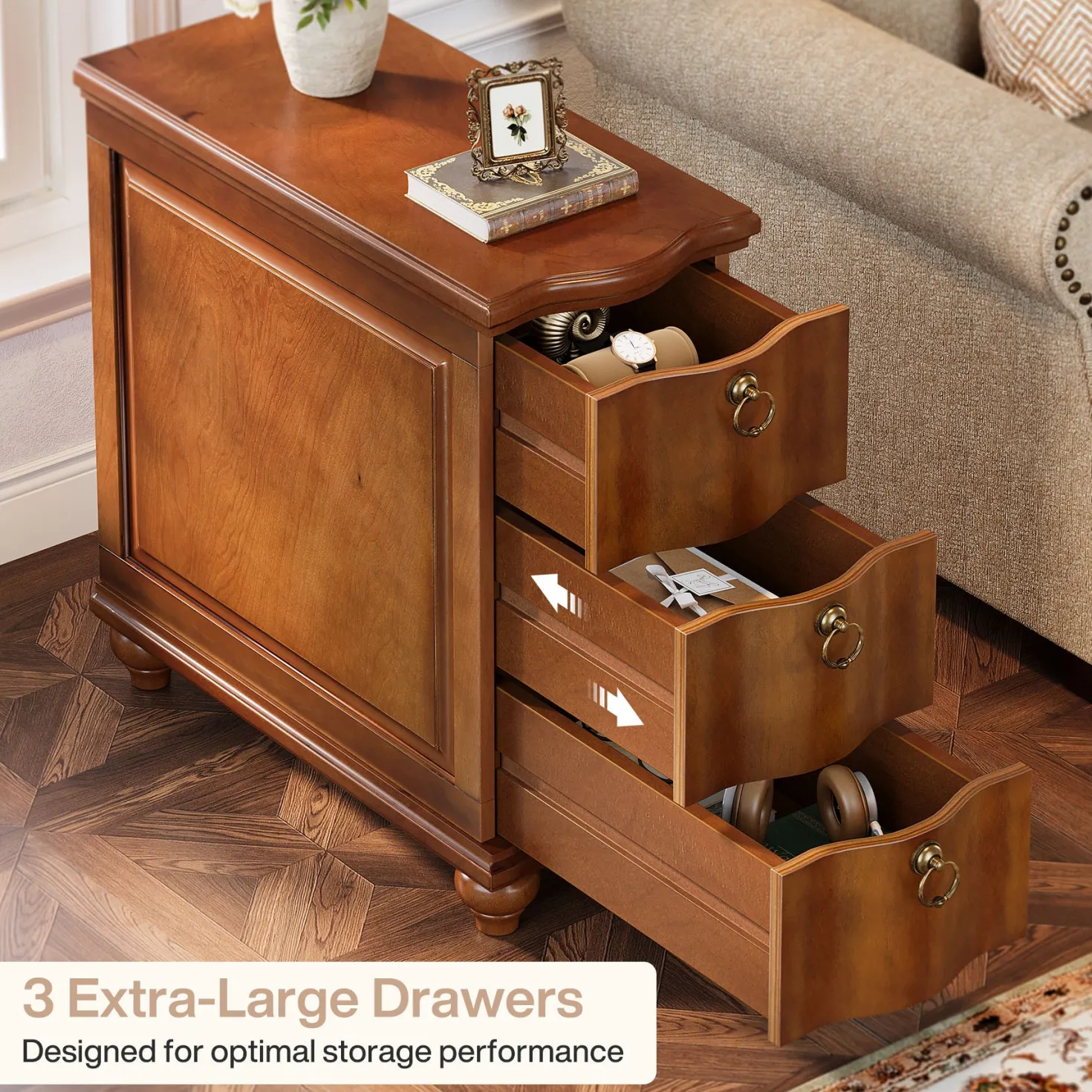 Wood Slim End Table, Fully Assembled Side Table Nightstand with 3-Drawers