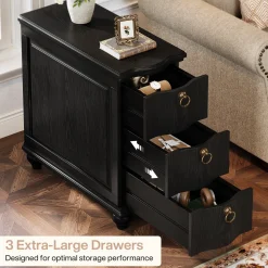 Wood Slim End Table, Fully Assembled Side Table Nightstand with 3-Drawers