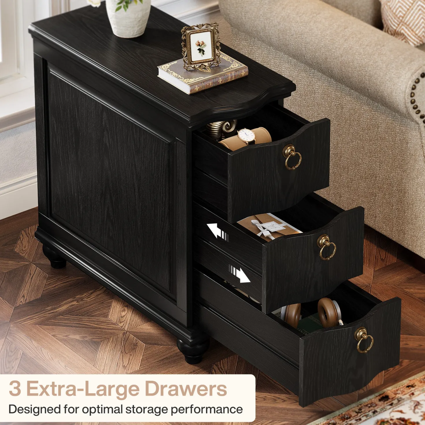 Wood Slim End Table, Fully Assembled Side Table Nightstand with 3-Drawers